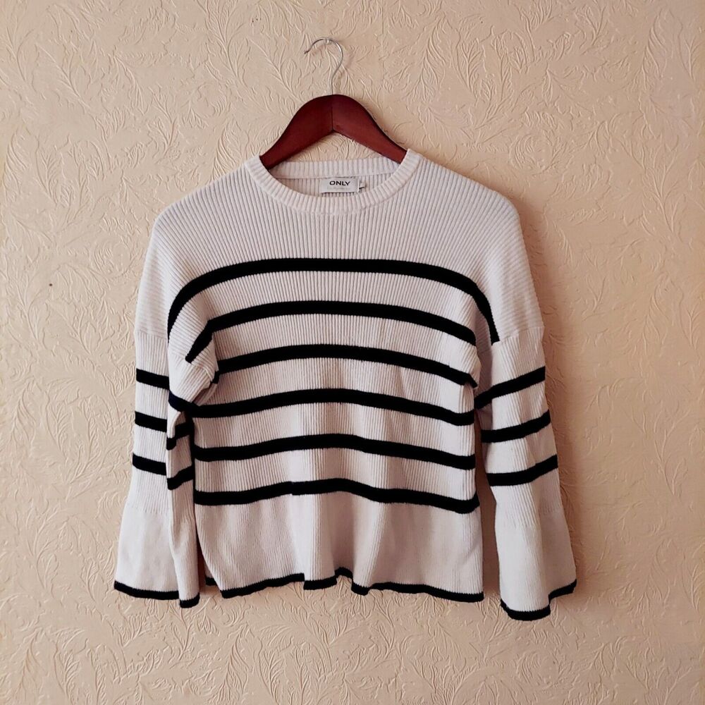 ONLY Julie 3/4 Stripe Pullover Knit Sweater Beige Stripe Bell Sleeve Small